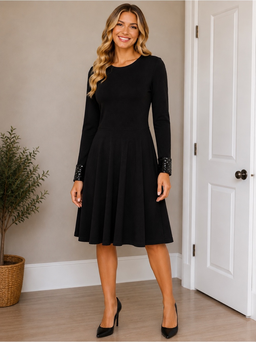 Jason Wu Black Long Sleeve Fit-and-Flare Knit Dress with Sequin Cuffs